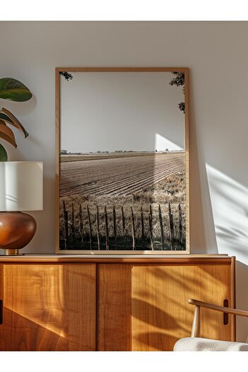 Postifull Rustic Frameless Poster, Scandinavian Brown Table, NO:220 Fence and Field Photo, Vertical