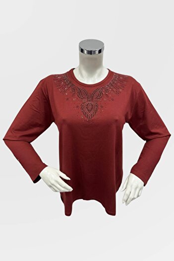 Ravencia Plus Size Stone Detailed Viscose Brick Color Mother Combed Cotton Blouse