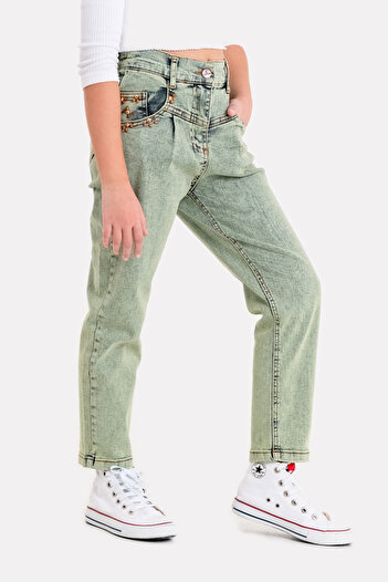GİYİCEM TEKSTİL Kız Çocuk Korsaj Pileli Kot Pantolon 2144
