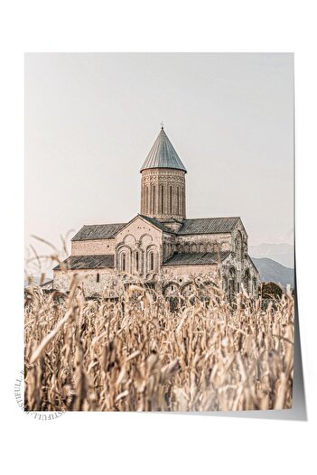 Postifull Rustic Unframed Poster, Scandinavian Brown Painting, No:261 Church and Fields Photo, Vertical