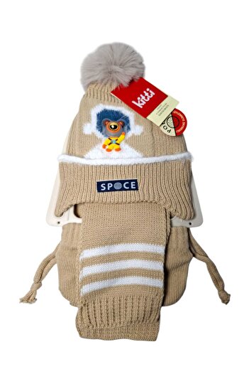 Kitti 0-18 Aylık 3 lü Takım Erkek Bej Astronot Maskotlu Atkı Bere Eldiven Set