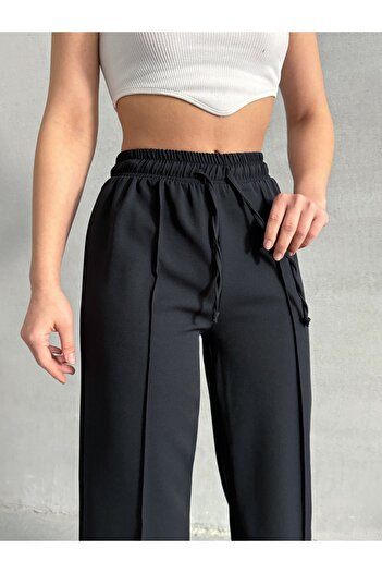 Lusin Women's Stylish Ribbed Line Detailed Premium Quality Black Palazzo Trousers