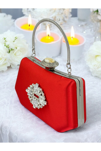 Biçanta Red Color Silver Crystal Stone Elegant Design Metal Handle Evening Dress Bag