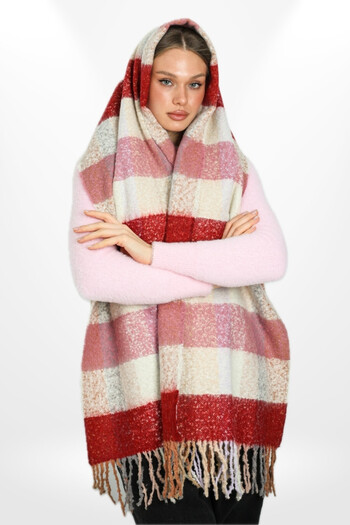 hijabchi Soft Textured Tasseled Striped Plaid Pattern Thick Shoulder Shawl Scarf - Red - Powder - Cream