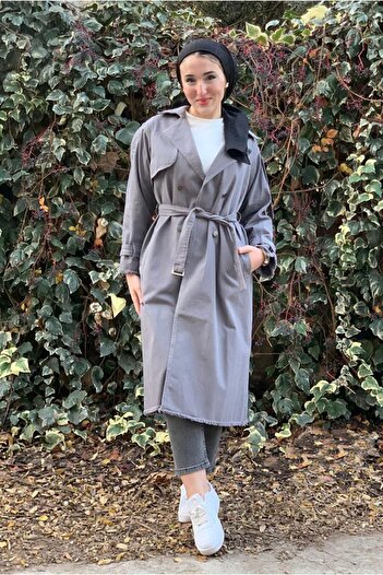 Moda Rosa 25K5326 - Gray - Gabardin Long Trench Jeans