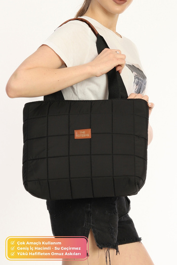 Tonny Black Large Volume Quilted Shopper with Zipper Single Compartment School Sport Tote Bag Hand Arm and Shoulder Bag for Business
