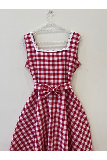 KÜÇÜĞÜM BUTİK Red Gingham Pattern Square Collar Strap Flared Dress