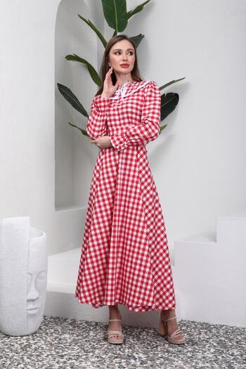KÜÇÜĞÜM BUTİK Hijab Mobile Collar Gingham Red Dress (Kleid-Neck)