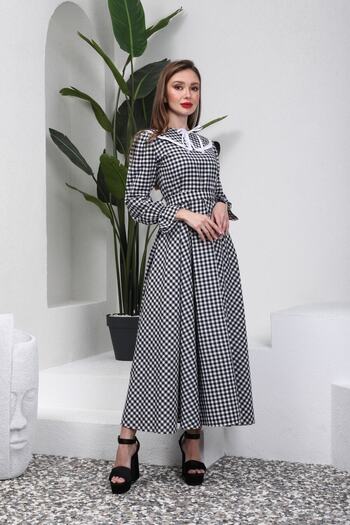 KÜÇÜĞÜM BUTİK Gingham Μαύρο Φόρεμα με Hijab Κινητό Γιακά (ΦΟΡΕΜΑ-ΓΚΟΥΛΑΡ)