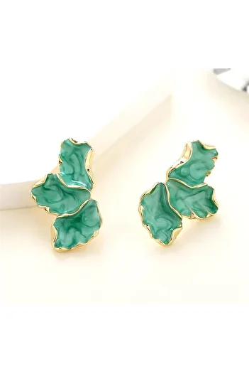 Pelin Aksesuar Green Enamel Leaf Earrings