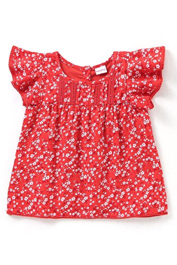 Babyhug Babyhug Rayon Half Sleeves Top With Lace & Frill Detailing - Red
