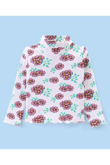 Babyhug Babyhug Floral Printed Turtle Neck Top and Loose Fit Lounge Pants Set - White and Pink