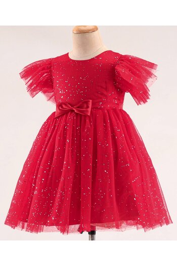 Babyhug Babyhug Half Sleeves Party Frock with Glitter Print & Bow Detailing - Red