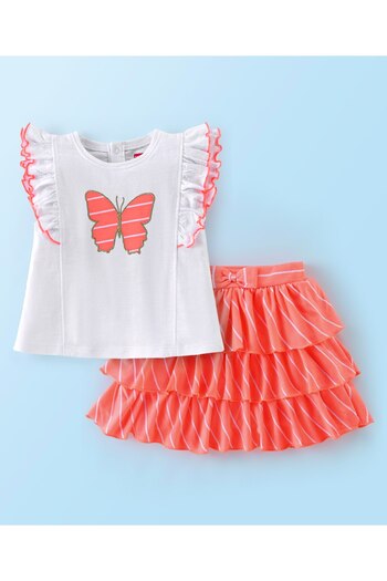 Babyhug Babyhug 100% Cotton Knit Half Sleeves Top and Skirt Butterfly Embroidery Print - White & Peach