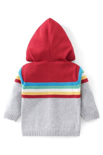 Babyhug Babyhug Full Sleeves Front Open Hooded Sweater With Stripes & Colour block Design - Red & Grey