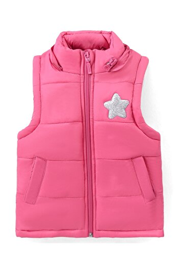 Babyhug Babyhug Sleeveless Solid Color Padded Hooded Jacket With Star Patch Detailing - Pink