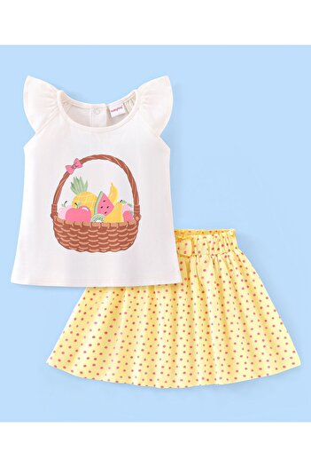 Babyhug Babyhug 100% Cotton Knit Cap Sleeve Top & Skirt Set Bow Applique Fruit Basket Print-White & Yellow