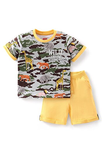 Babyhug Babyhug Cotton Knit Half Sleeves T-Shirt & Shorts Set Camo Print - Multicolour