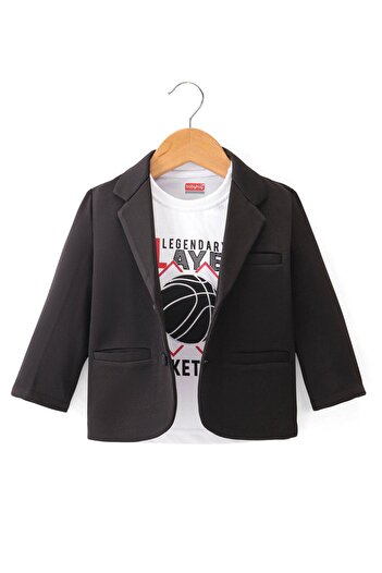 Babyhug Babyhug Full Sleeves Solid Colour Party Wear Blazer with Graphic Printed T-Shirt - Black