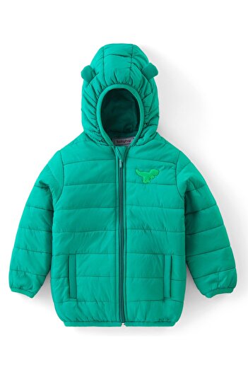 Babyhug Babyhug Woven Full Sleeves Jacket With Hood & Dino Applique - Green