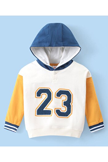 Babyhug Babyhug Cotton Knit Full Sleeves Hooded T-Shirt & Lounge Pants Set With Number Print - White & Blue