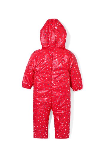 Babyhug Babyhug Full Sleeves Hooded  Winter Romper Star Foil Print - Red