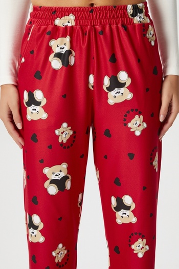 Ritnice Red Teddy Bear Patterned Ultra Soft New Year's Pajama Bottoms with Pockets