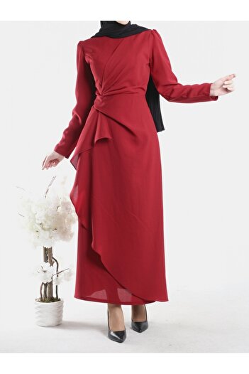 Modamorfo Red Crepe Dress with Asymmetrical Cutouts and Button Front