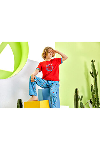 Reyhanlar Boy's Cotton Combed Yacht Club Printed Short Sleeve Pajamas Set