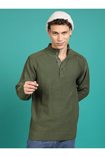 Highlander By Styli High Neck Knit Sweater with Button Placket