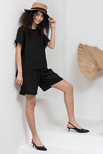 KÜÇÜĞÜM BUTİK Black Cotton Muslin Short Sleeve Blouse and Shorts 2-Piece Set (Bluz-Shorts)