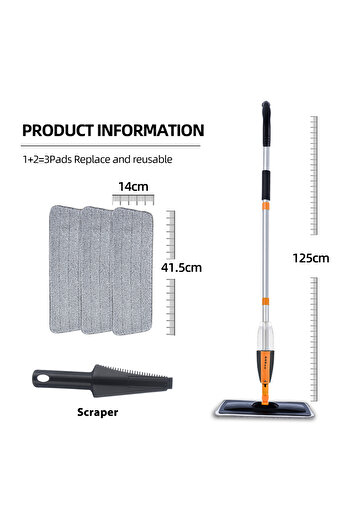 Choice Black Pads x3 DARIS Spray Floor Mop with Reusable Microfiber Pads 120cm Long Handle Flat Mop For Hom