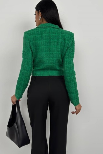 bayansepeti Tweed Button Detail Crop Blazer Green Jacket 23S07002