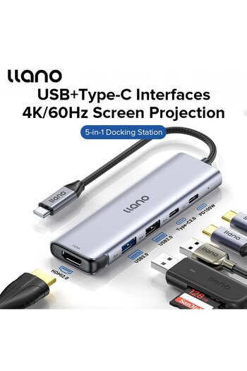 Choice موزع USB-C 5 في 1 من Llano باللون الرمادي، محطة إرساء لأجهزة الكمبيوتر المحمولة، موزع USB3.0 بدقة 4k60hz، واجهة HDMI متعددة، Pd