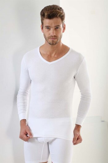 Arma Yıldız Men's V-neck White T-shirt - Long Sleeve, 100% Cotton, Rib