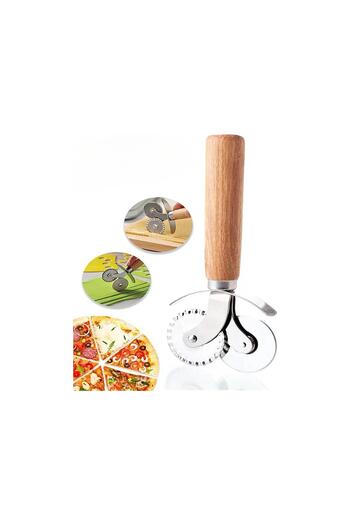 RAMDET Luxury Metal Stainless Steel Dough and Pizza Cutter - Double Headed Wooden Handle