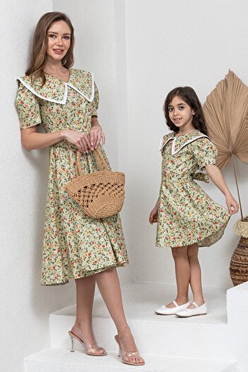 KÜÇÜĞÜM BUTİK Vintage Yeşil Renkli Çiçekli Yakalı Poplin Midi Boy Kombin (TEKLİ SATILMAKTADIR)