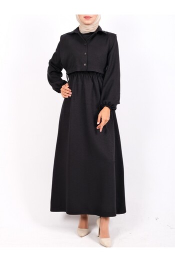 Modamorfo Dress with Shirt Detail and Elastic Waist -Black