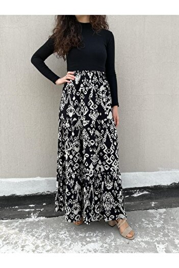 520CK Ethnic Patterned Viscose Hijab Skirt - Long Women's Skirt
