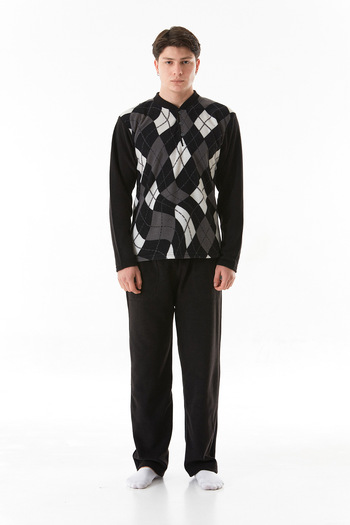Fulla Moda Diamond Patterned Collar Buttoned Fleece Pajamas Set