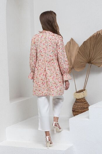 KÜÇÜĞÜM BUTİK Poplin Mini Tunic - Powder Color, Floral Print and Ruffle Collar