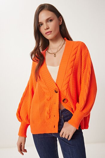 Happiness İstanbul Women's Orange Braided Balloon Sleeve Loose Knitwear Cardigan Mx00176