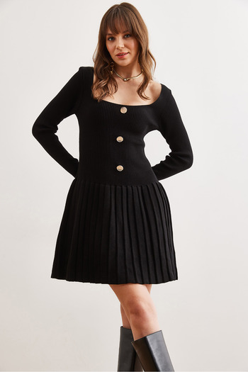 Olalook Rochie de damă cu nasturi negri cu fustă plisată din tricotaje ELB- 19002326