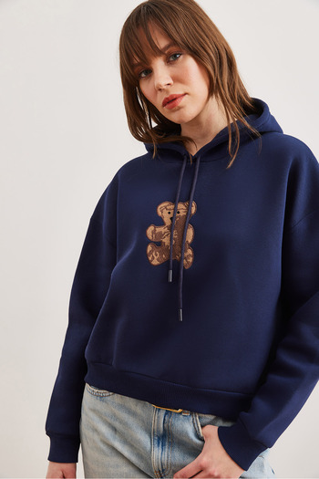 Olalook Women's Navy Blue Bear Appliqued Raised Hooded Sweatshirt Swt- 19000712