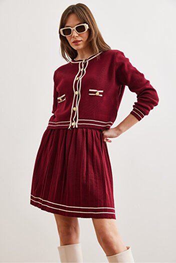 Olalook Burgundy Knitwear Set - Top Cardigan and Pleated Skirt Tkm- 19000330