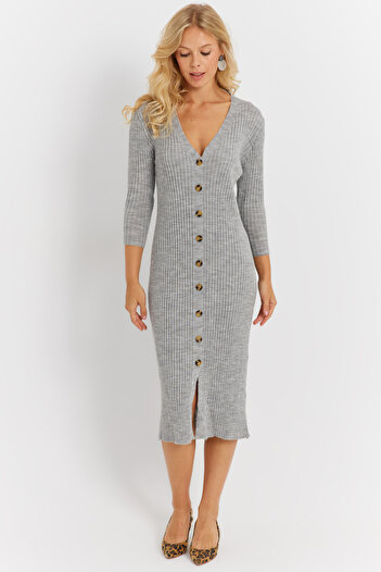 Cool & Sexy Gray Knitwear Midi Women's Shirt Dress - Yv274