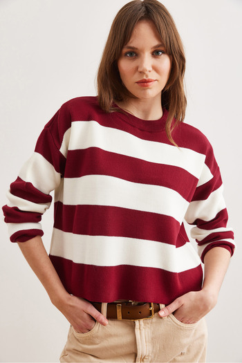 Olalook Burgundy Striped Knitwear Sweater - Crew Neck, Women'S, Kzk- 19000932