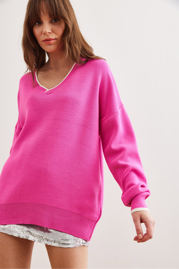 Olalook Women's Pink Collar Detailed Stripe Thick Knitwear Sweater Kzk- 19000924