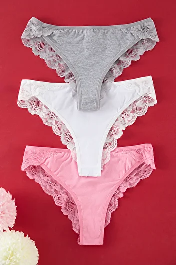 Trendyol Collection Pachet de 3 chiloți din dantelă din bumbac gri-alb-roz - THMSS25KU00004