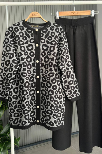 Bold Grup Women's Standard Size Leopard Print Knitwear Buttoned Cardigan Trousers Bottom-Top Two-Piece Set